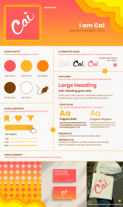 I am Caì Brand Board, including colour palette, alternative logos, icons, typography, patterns, and imagery