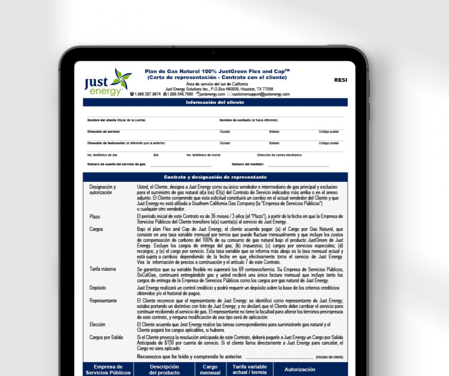 Just Energy Contract Mockup on a Tablet