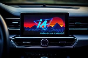A mockup of the Inteligencia Automovil splash screen on the dash display of a car with the initial logo displayed in cyan
