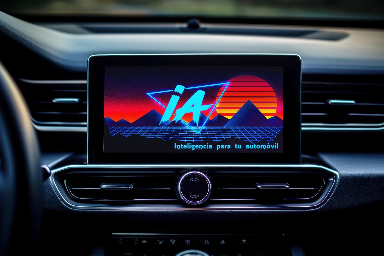 A mockup of the Inteligencia Automovil splash screen on the dash display of a car with the initial logo displayed in cyan