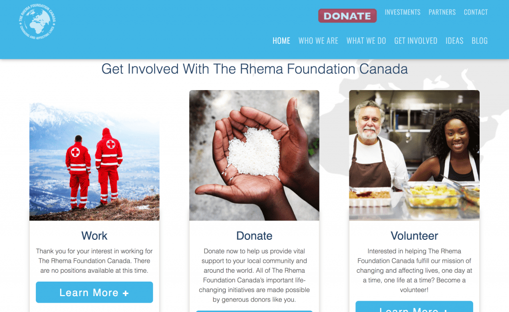 The Rhema Foundation Homepage Design Links for Donation, Values, Mission, etc.