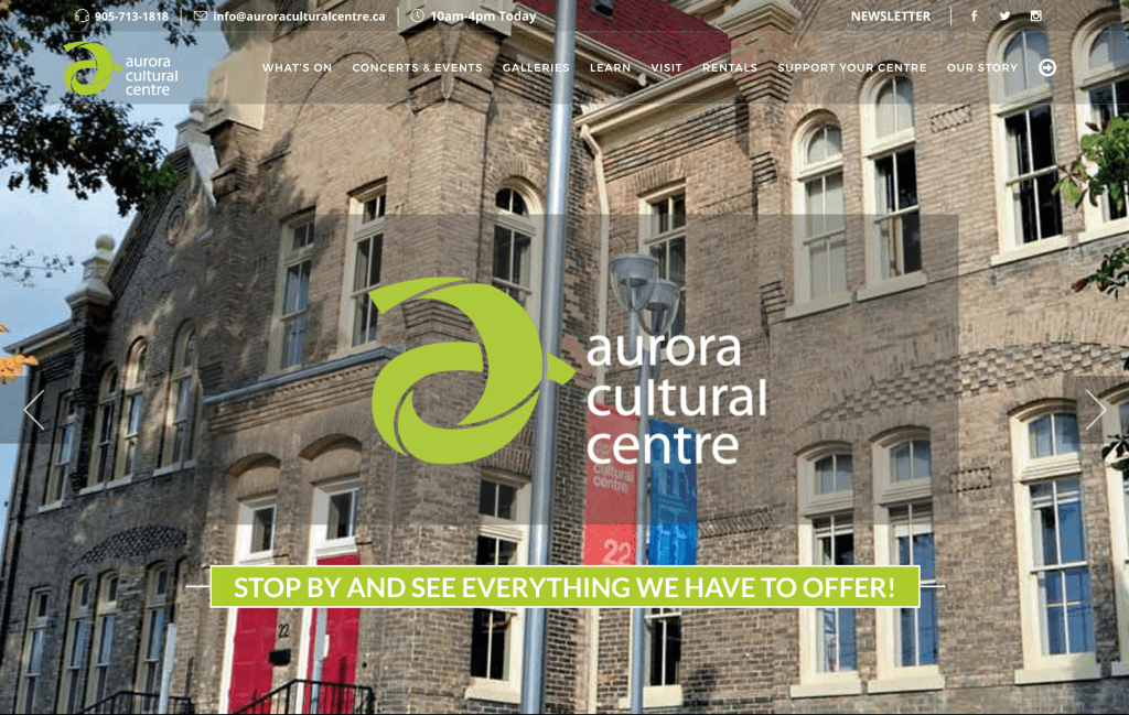Aurora Cultural Centre homepage layout