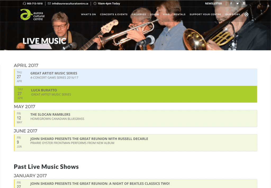 A sample of the ACC events page with events listed in clickable blocks with pertinent info including names, dates, and times.