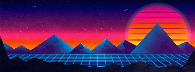 Inteligencia Automovil background image of a neon landscape with 80's retro style sun and Tron like grid over the ground