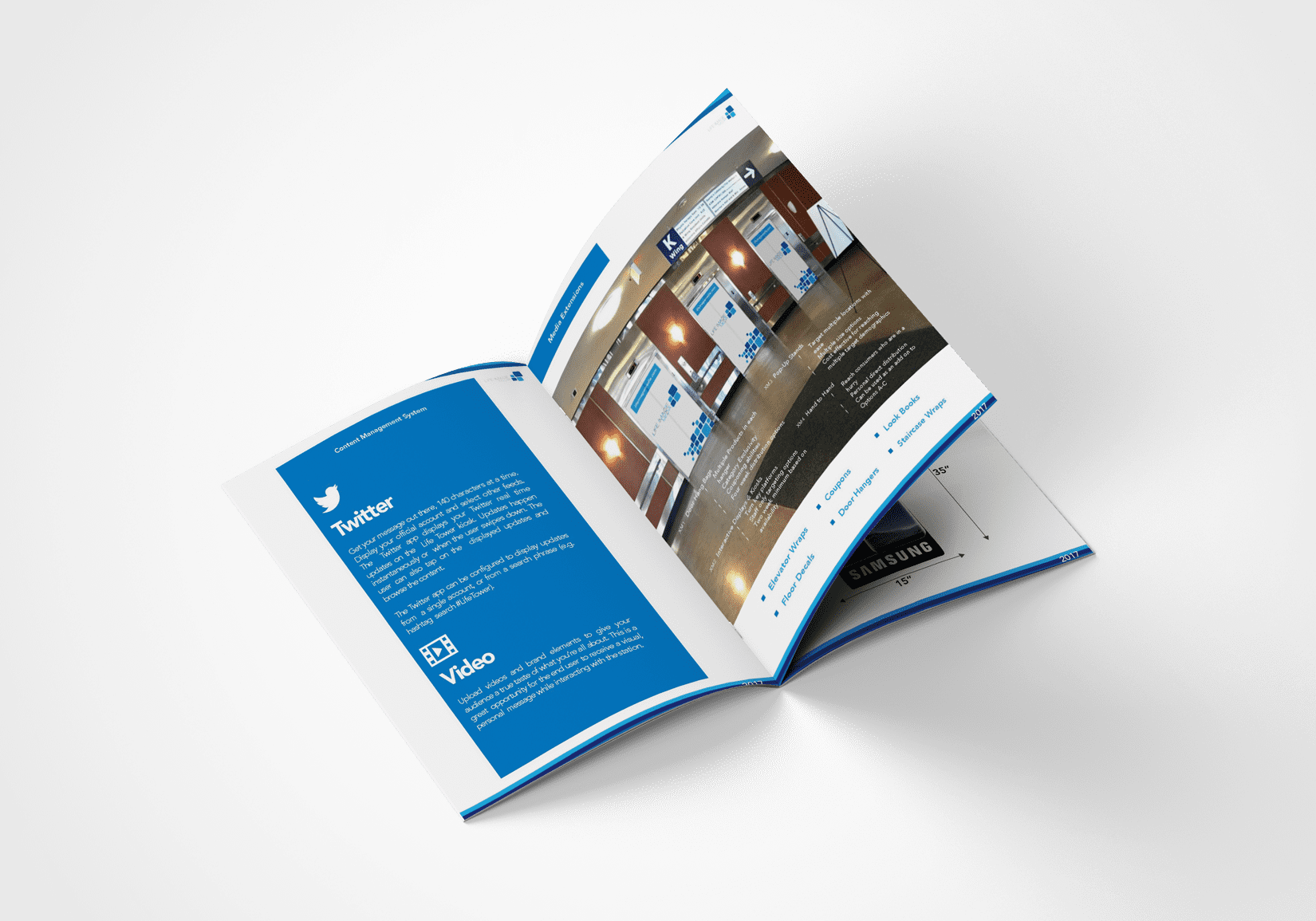 Life Image Media look book mockup with descriptions and an image of the devices and advertising potential in realistic settings