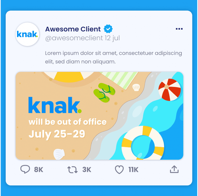 Knack Away Graphic for Twitter (X) depicting an illustrated view of a shore, with a beach ball and life ring in the water, and a pair of sandals beside an umbrella and mat on the shore, and the dates of the closure displayed overtop of the image.
