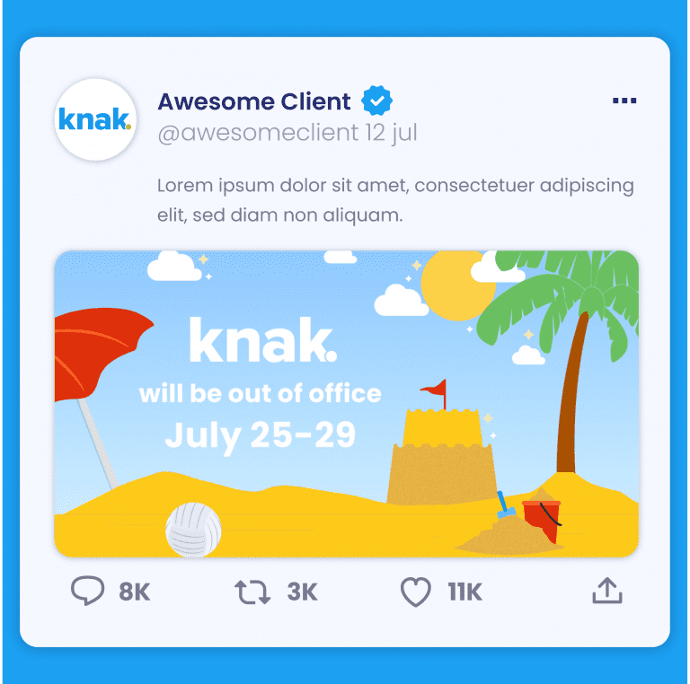 Knack Away Graphic for Twitter (X) depicting an illustrated view of a sandy area with a sand castle, umbrella, and palm tree, and the dates of the closure displayed overtop of the image.