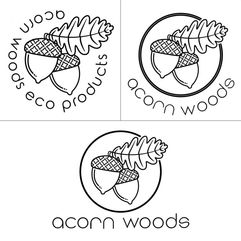 Line art versions of the Acorn Woods logo iterations from different steps of the process, ultimately, elements from these were incorporated into the final version.