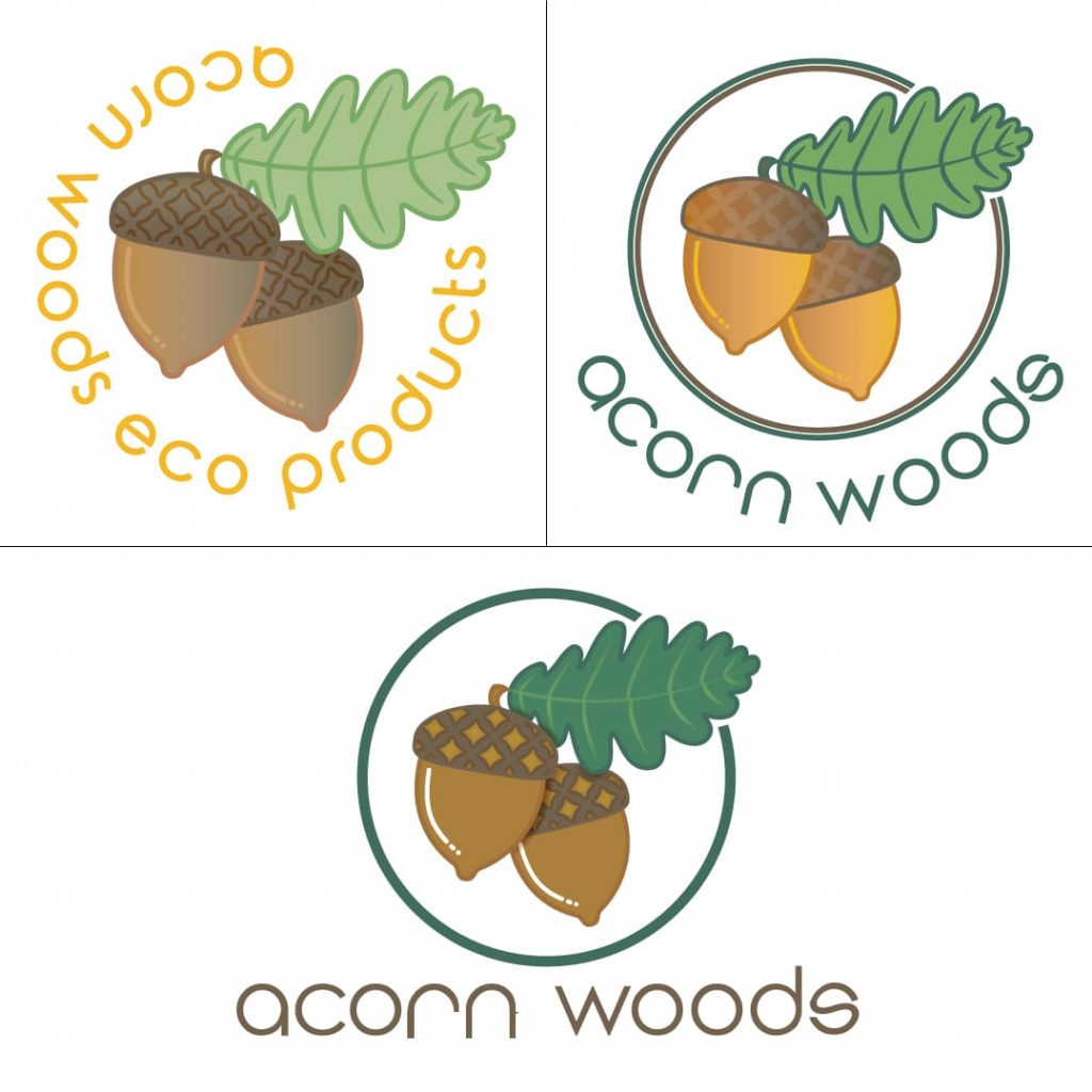 Coloured versions of the Acorn Woods logo iterations from different steps of the process, ultimately, elements from these were incorporated into the final version.