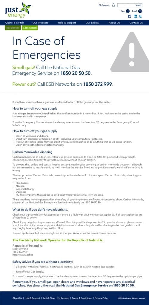 Just Energy Ireland Emergency information, links, and contacts