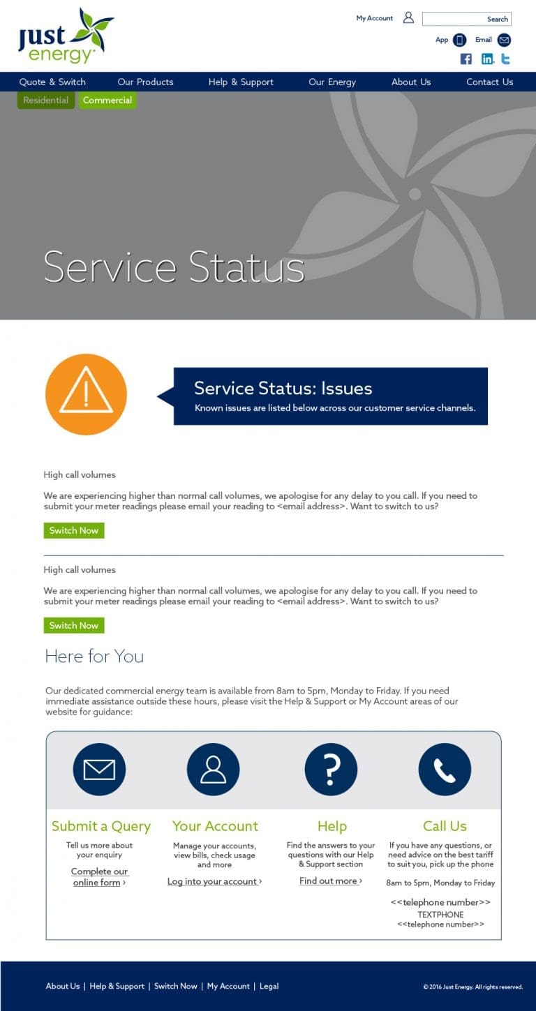 Just Energy Ireland Service Status webpage Disruptions layout