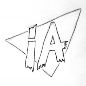 A tilted triangle behind the ragged lettering for IA