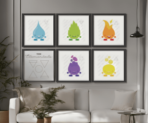 The Elementals collection in frames on a livingroom wall.