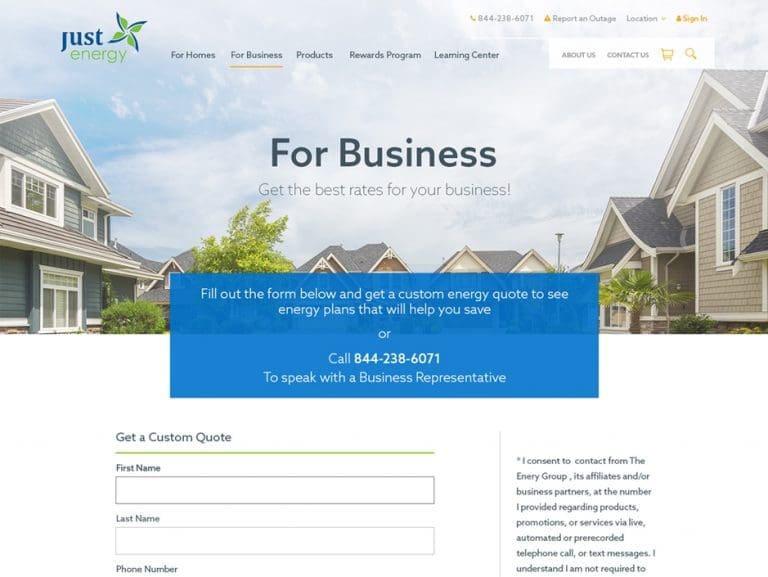 Just Energy business page capture, depicting a street of houses going into the distance, and a data input area below