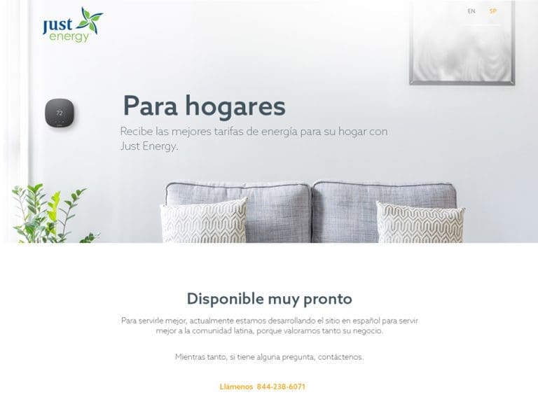 Just Energy Spanish Language Page "For Homes" depicting a living room setting and information for customers