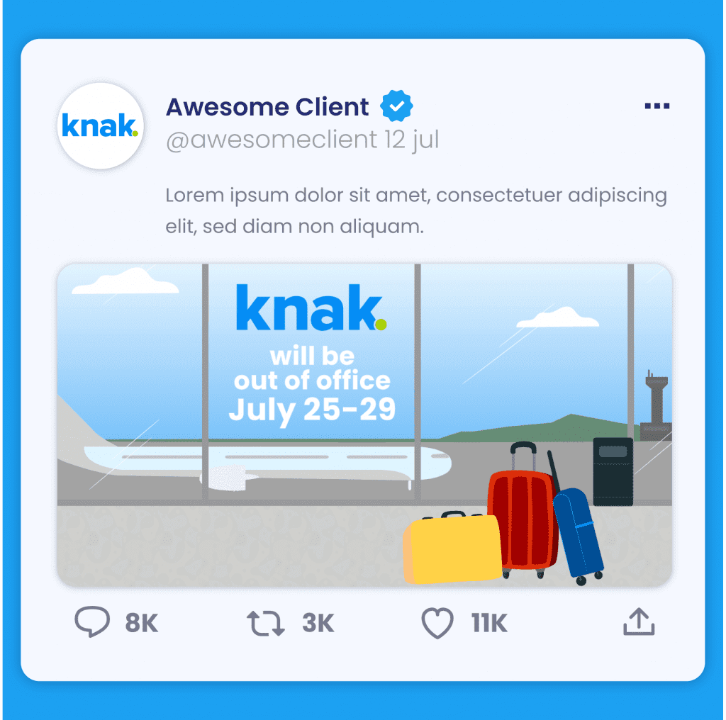 Knack Away Graphic for Twitter (X) depicting an illustrated view of a plane from inside an airport with luggage to the side, and the dates of the closure displayed overtop of the image.