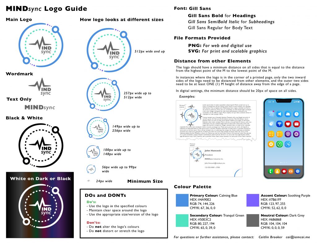 Mind Sync Logo Guide including logo styles and versions, fonts, colour values, and examples of do's and don'ts