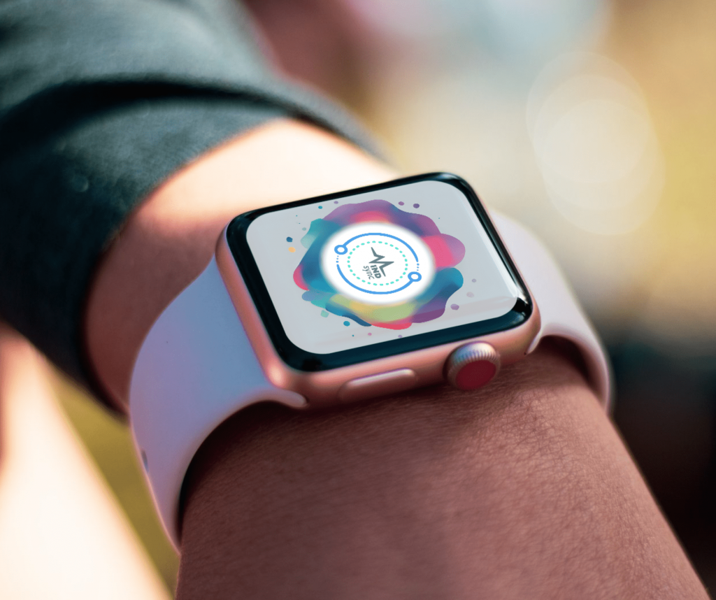 Mind Sync mockup of the app splash screen with a large logo on an iWatch