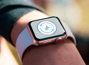 Mind Sync mockup of the app splash screen with a large logo on an iWatch