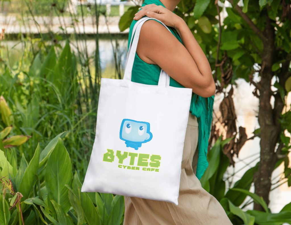 Bytes Cyber Cafe Logo with large computer screen character above word mark