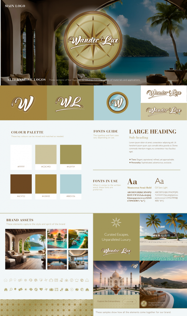 WanderLux Brand Board Design, including typefaces/fonts, colours, logo variations, textures, and imagery