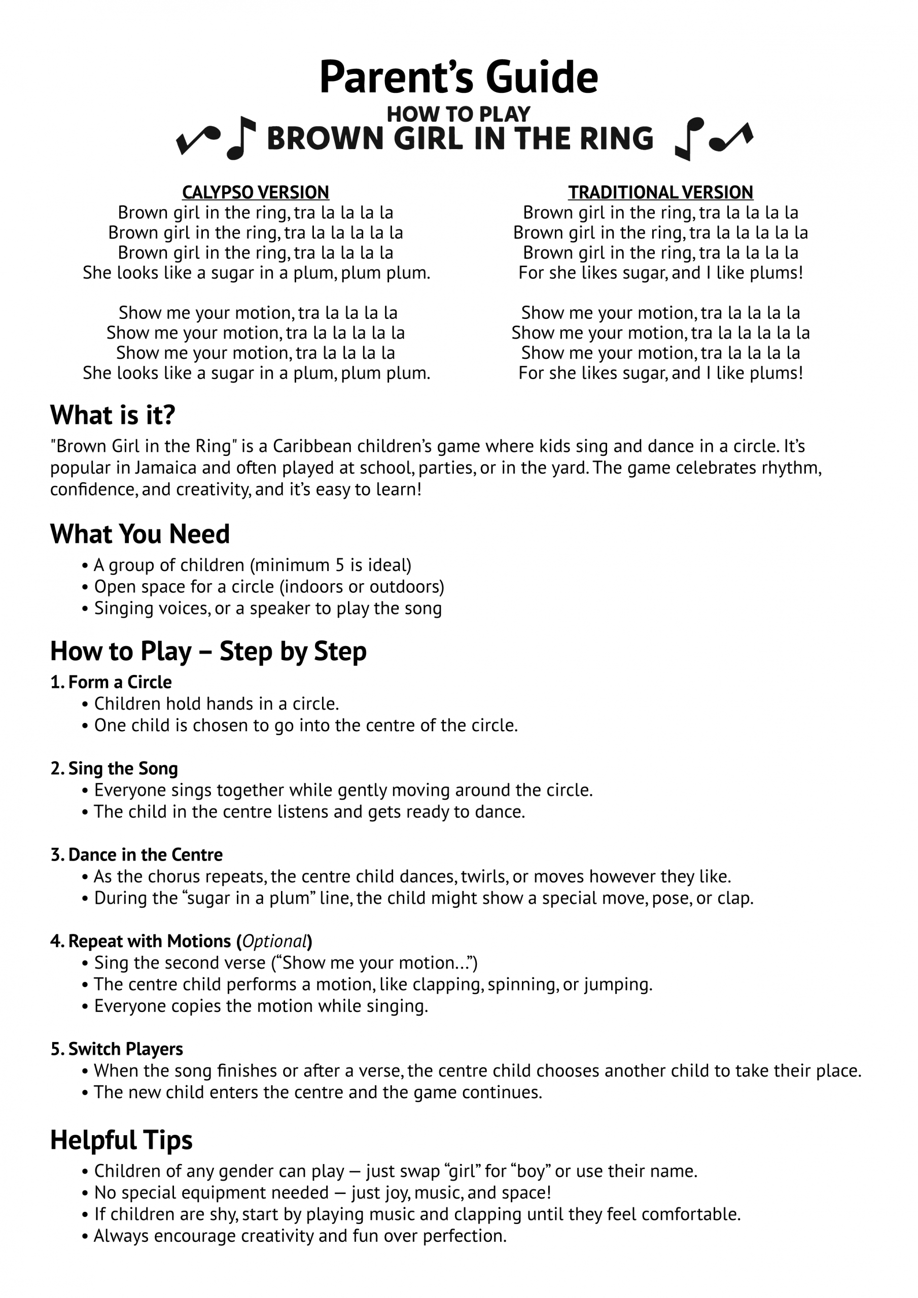 Printable Brown Girl in the Ring Adult Instructional Page