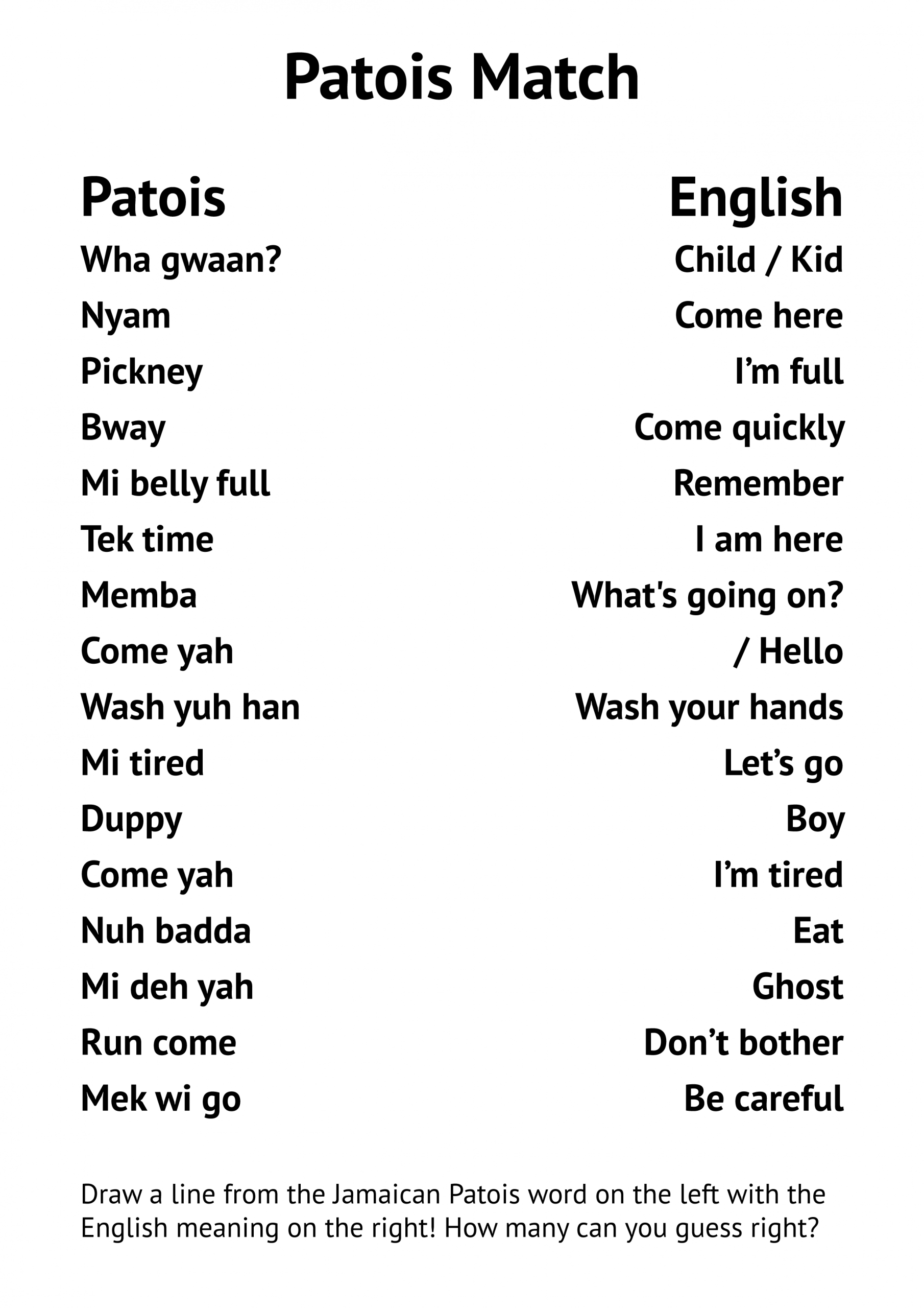 Printable Patois Match Work Sheet