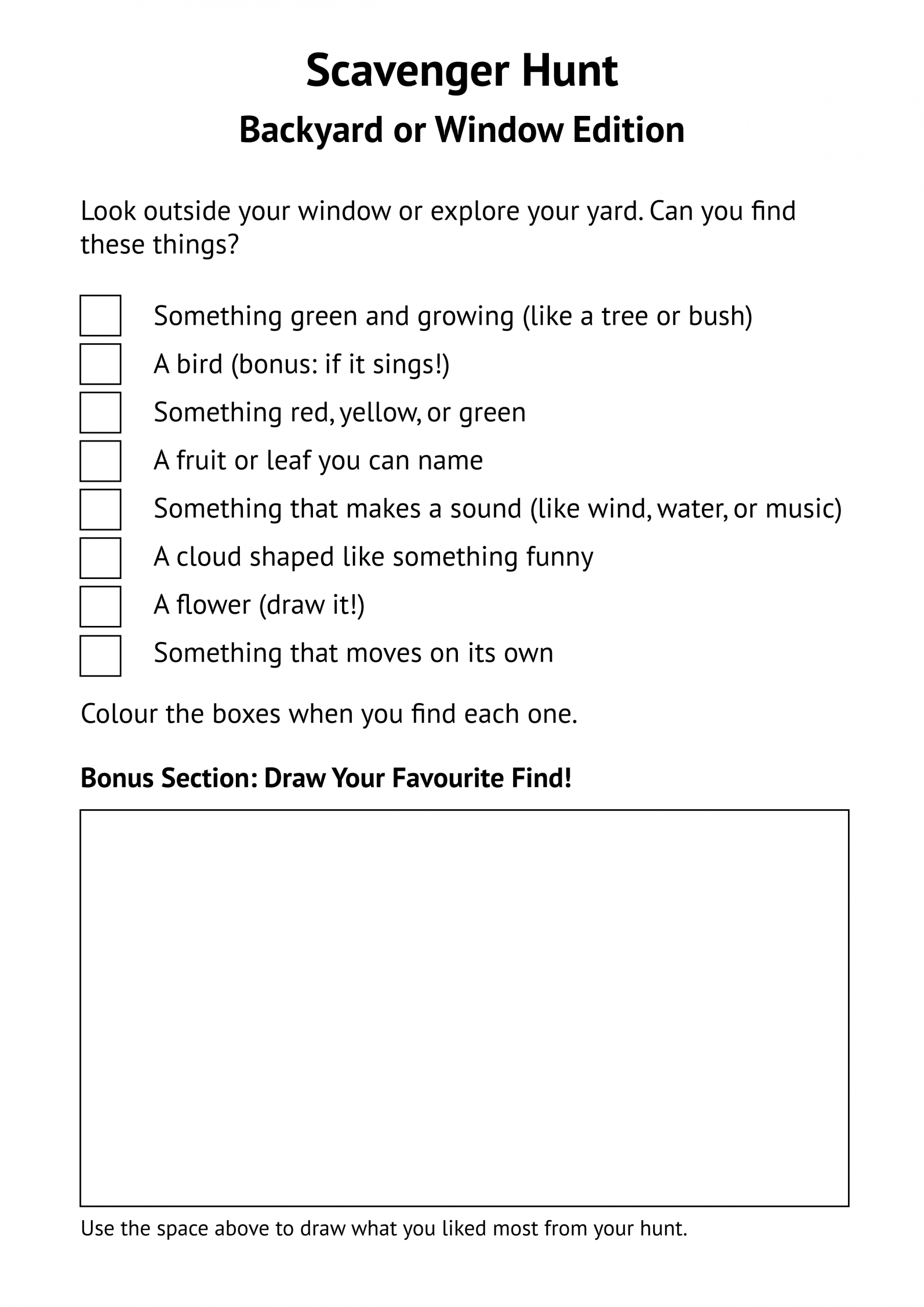 Printable Scavenger Hunt Activity Sheet