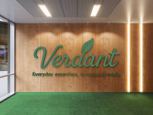 Verdant Logo on a wooden wall with custom lighting